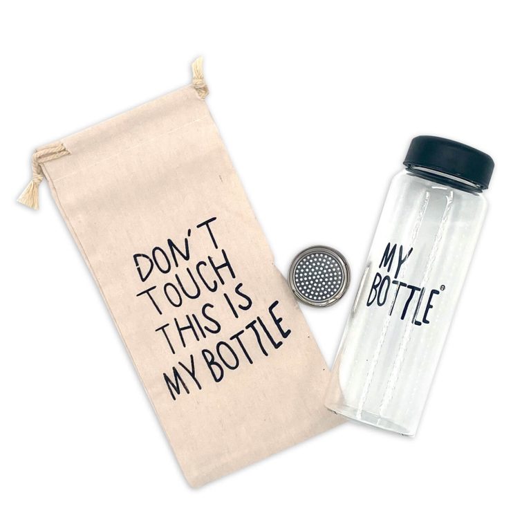 Siyah Kapaklı Özel Keseli Cam Matara – My Bottle
